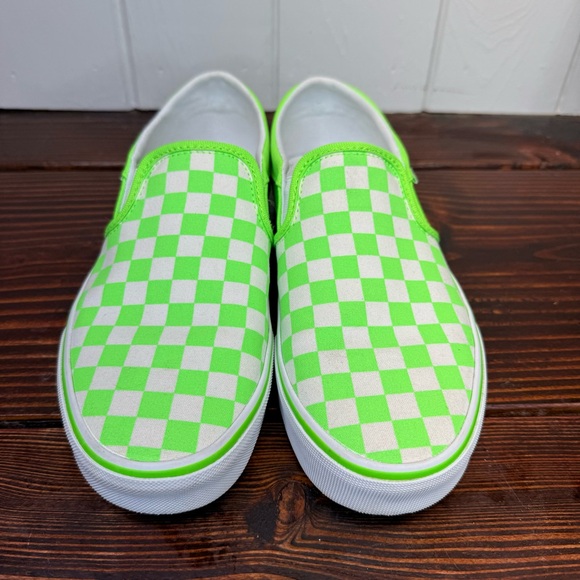 VANS Neon Green / White Checkerboard Slip On Sneakers - Picture 3 of 8